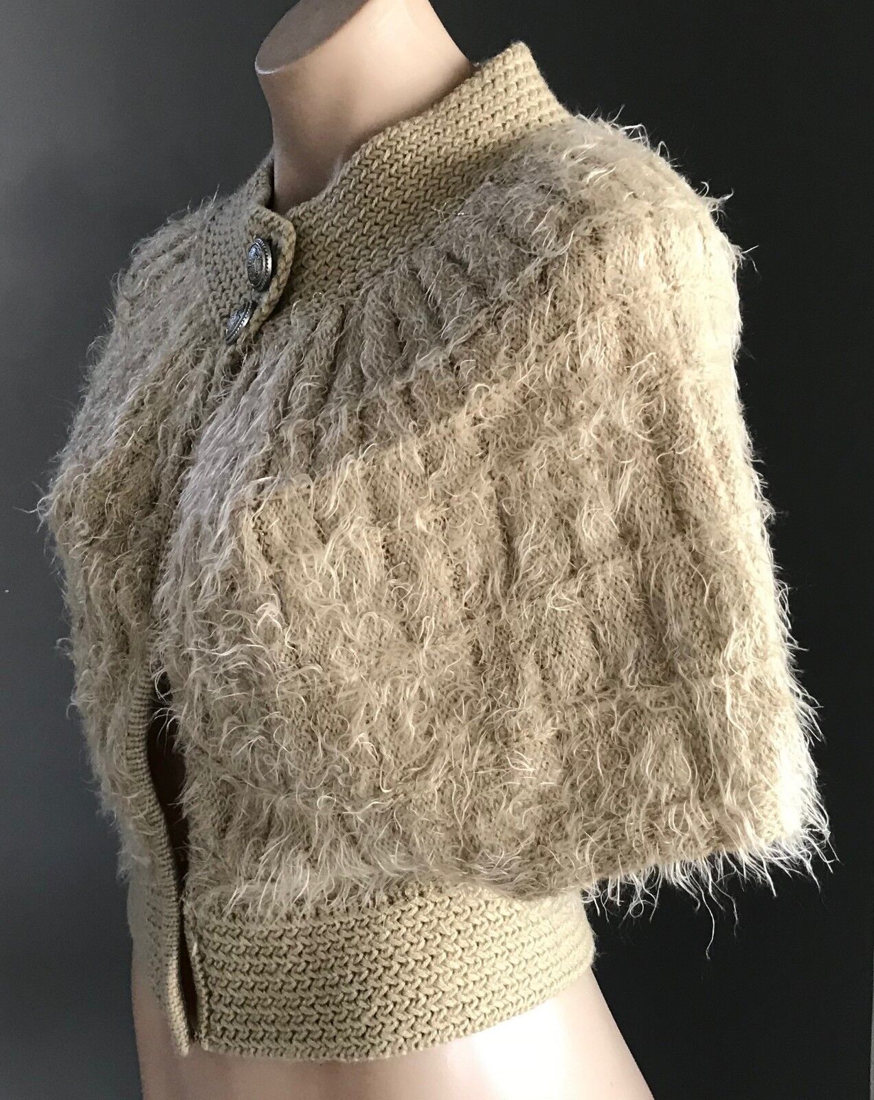 SES Knit Shrug Cardigan Beige & Gold Thread "Fluffy" Cape Poncho Cardigan Sz10