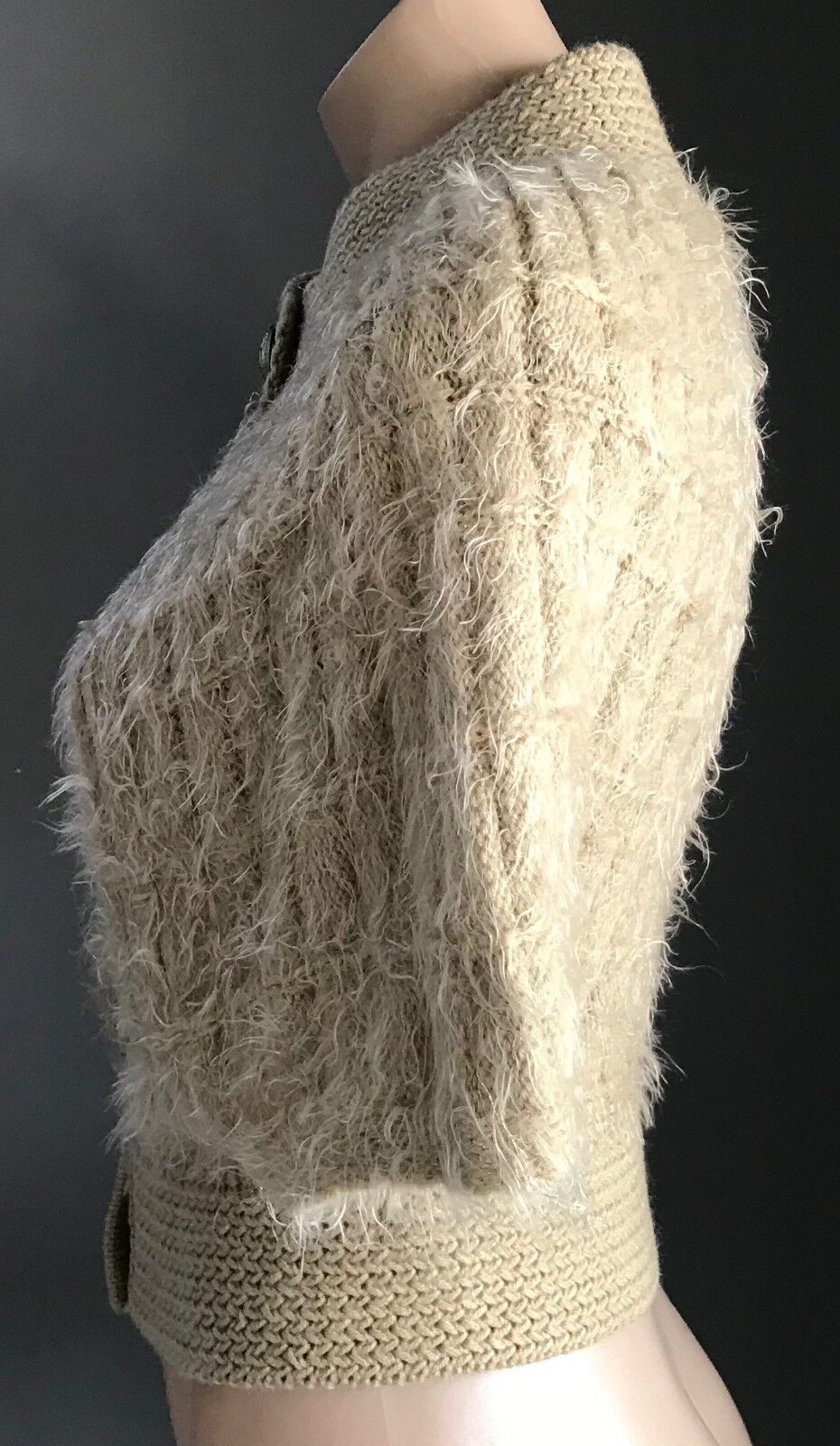 SES Knit Shrug Cardigan Beige & Gold Thread "Fluffy" Cape Poncho Cardigan Sz10