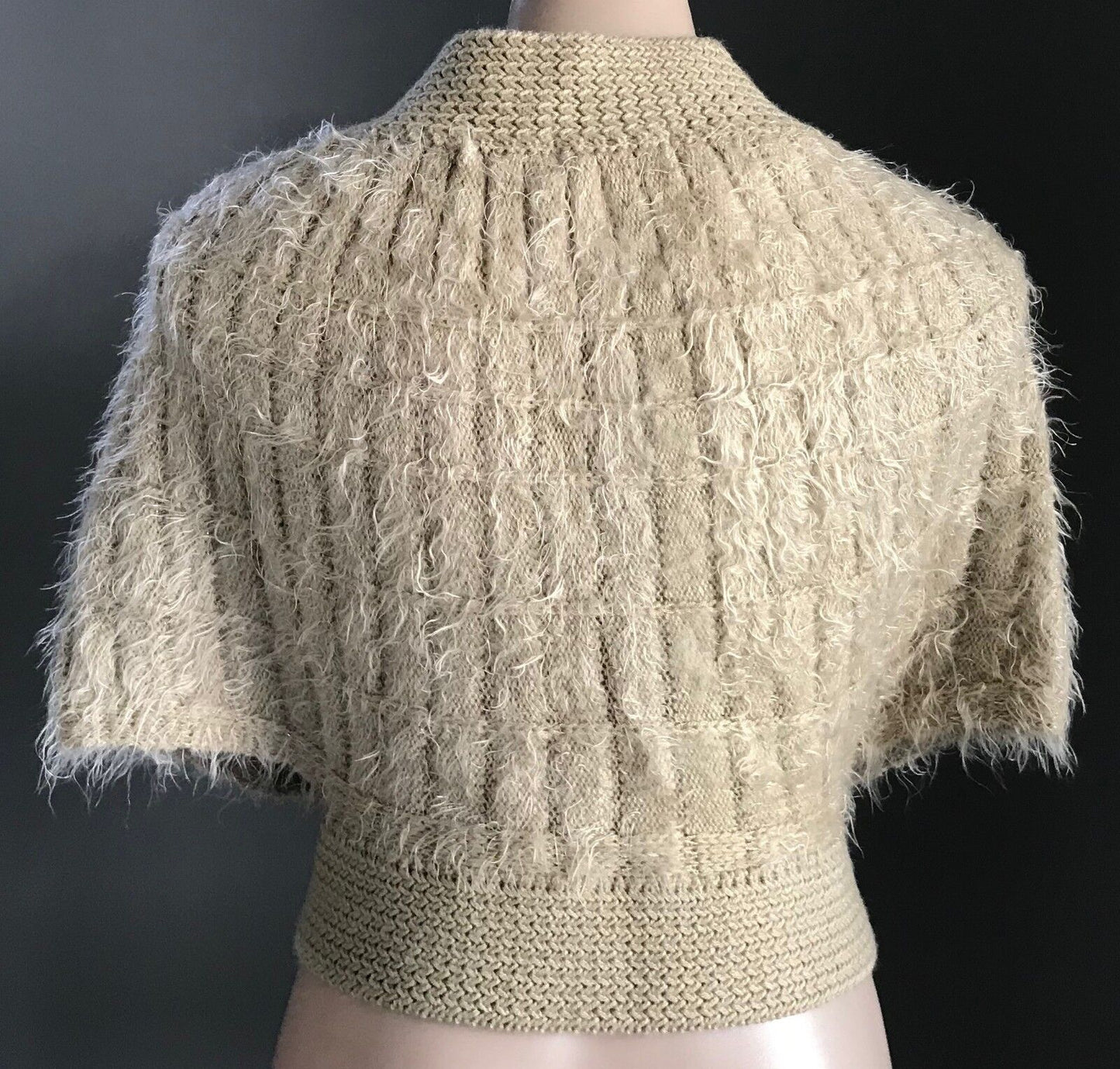SES Knit Shrug Cardigan Beige & Gold Thread "Fluffy" Cape Poncho Cardigan Sz10