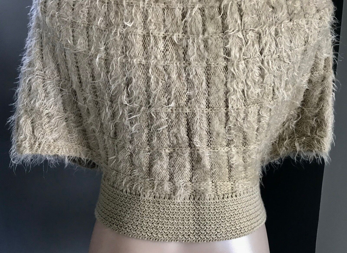 SES Knit Shrug Cardigan Beige & Gold Thread "Fluffy" Cape Poncho Cardigan Sz10