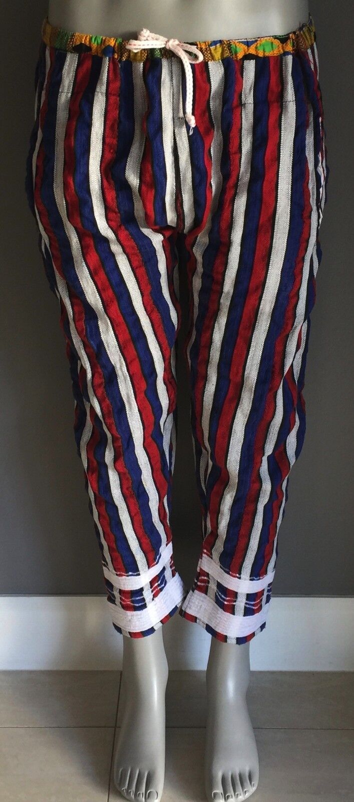 Boho HIPPIE PANTS Bright Stripe Drop Crotch Gypsy Drawstring Fit 36in Waist NOS