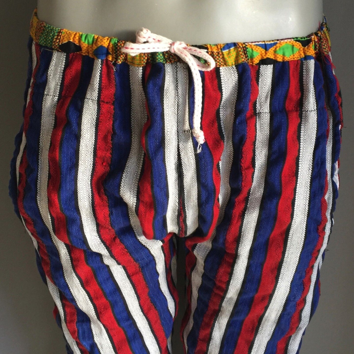 Boho HIPPIE PANTS Bright Stripe Drop Crotch Gypsy Drawstring Fit 36in Waist NOS