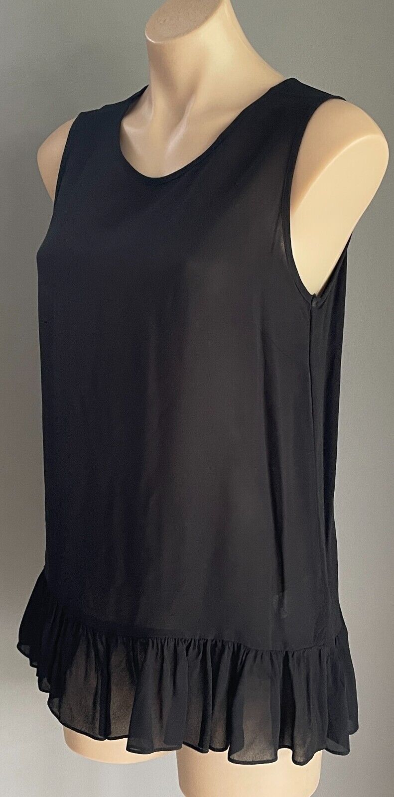 GLASSONS Top Black Sleeveless Semi Sheer Ruffle Hem Blouse Size 8
