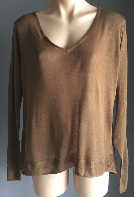 GLASSONS Jumper Brown Khaki Fine Knit Slit Back Long Sleeve Size XS 8 10 NEW