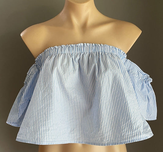 GLASSONS Top Blue & White Stripe Off The Shoulder Short Flutter Sleeve Size S 10