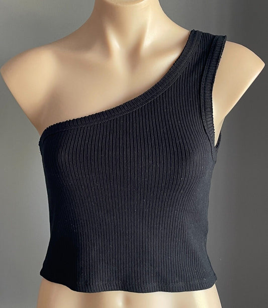 GLASSONS Top Black Stretch Ribbed One Shoulder Size M 10 NEW