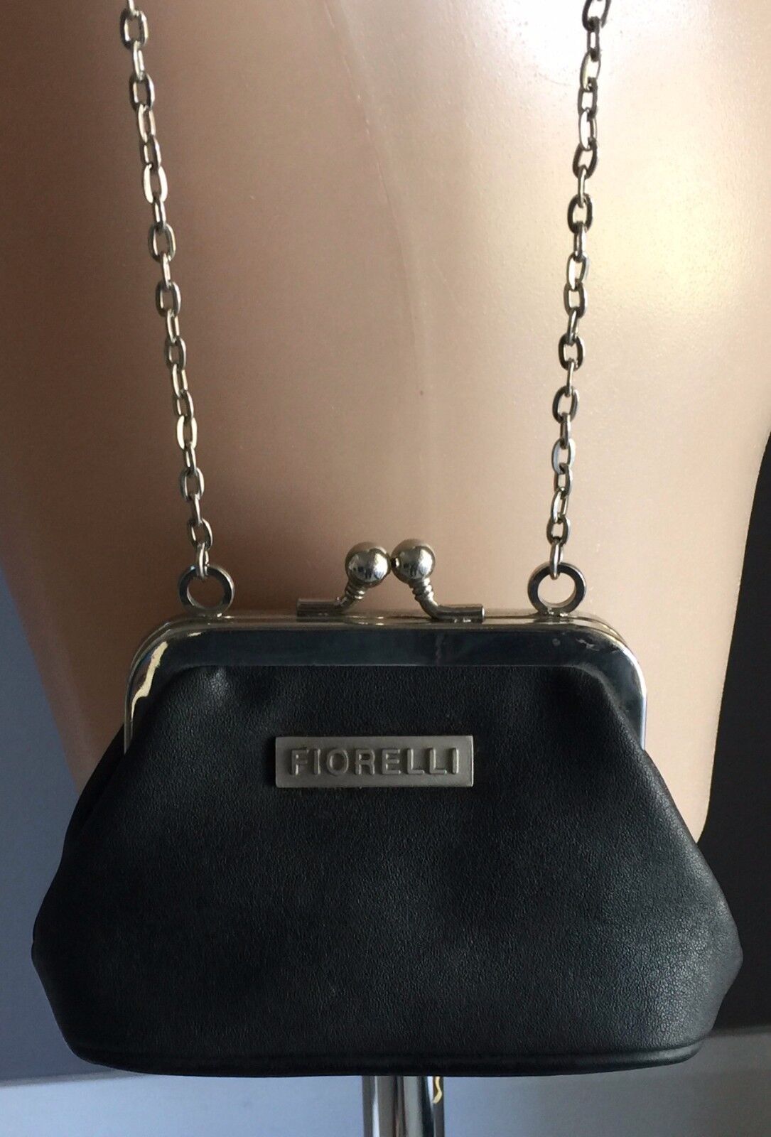 FIORELLI Shoulder Bag Small Black Pleather Chain Handbag Purse Vintage