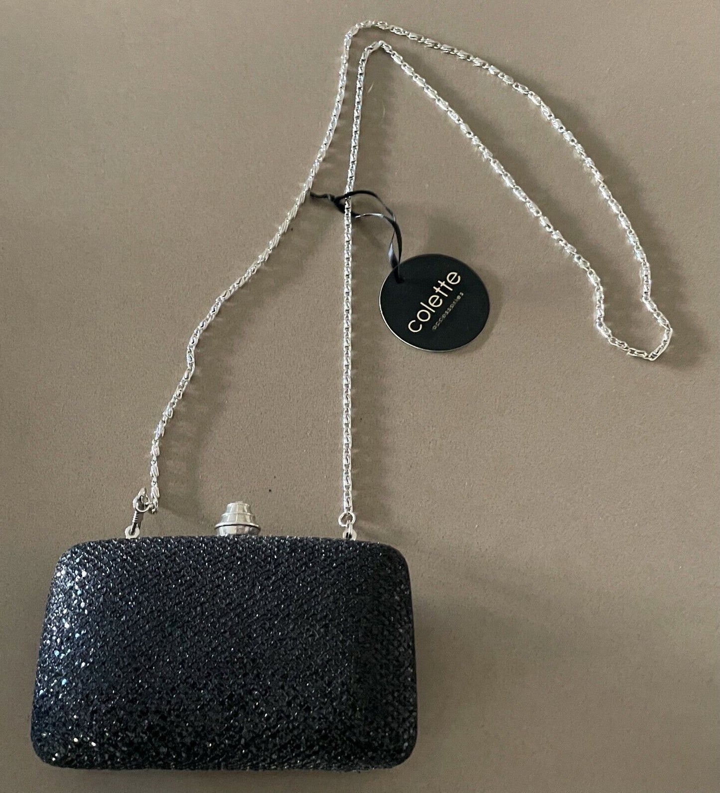 COLETTE Shoulder Bag Black Sparkle Hard Case Clutch Chain Strap 14.5cm x 9cm NEW