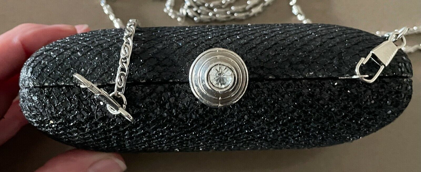 COLETTE Shoulder Bag Black Sparkle Hard Case Clutch Chain Strap 14.5cm x 9cm NEW