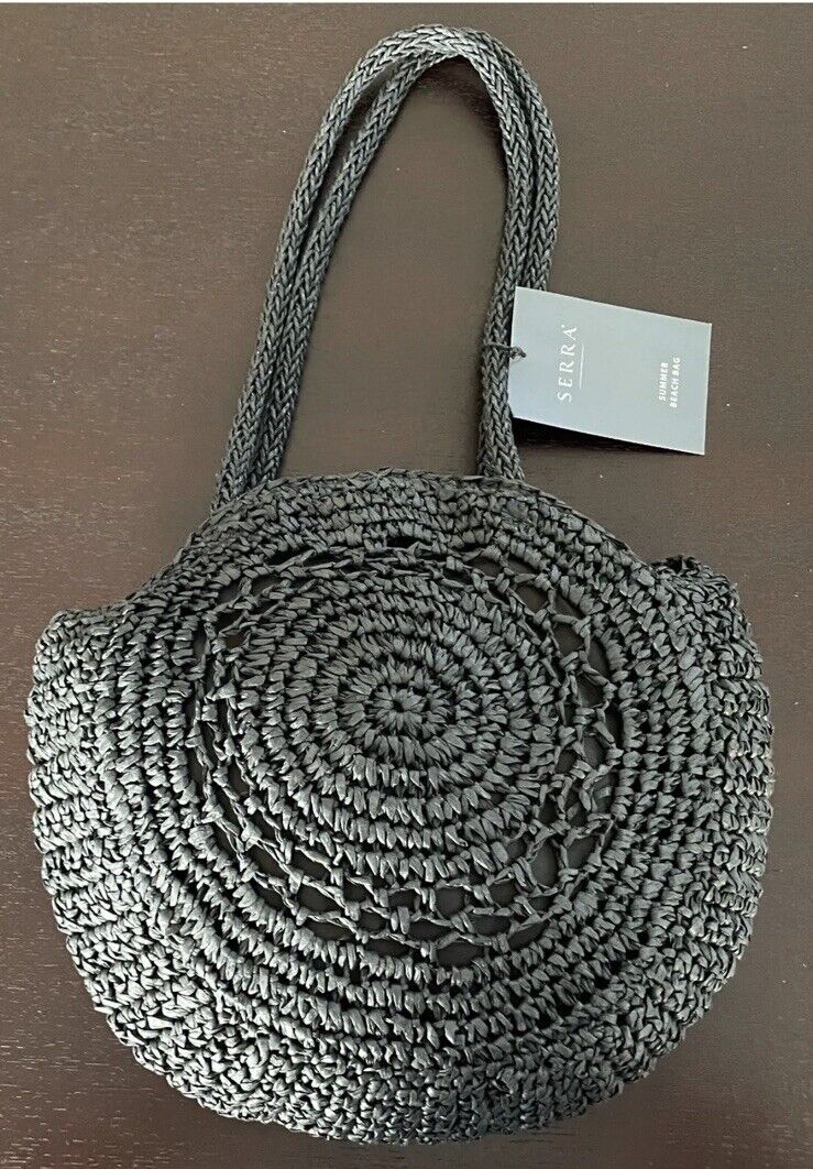 SERRA Round Beach Bag Black TOTE Paper Straw Woven Shoulder Bag NEW Summer