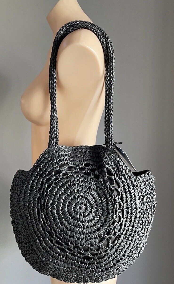 SERRA Round Beach Bag Black TOTE Paper Straw Woven Shoulder Bag NEW Summer