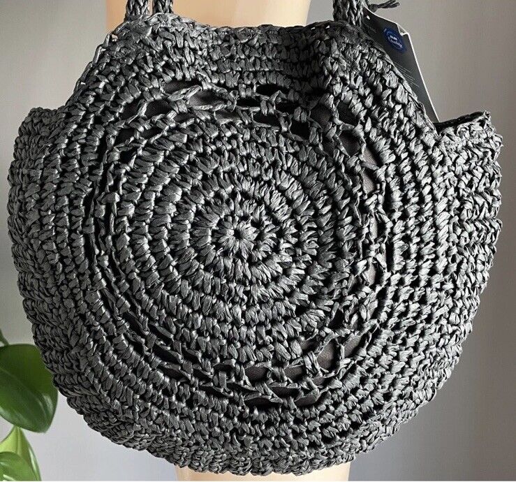 SERRA Round Beach Bag Black TOTE Paper Straw Woven Shoulder Bag NEW Summer