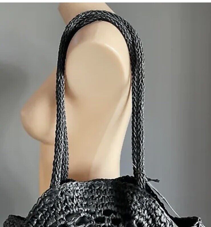 SERRA Round Beach Bag Black TOTE Paper Straw Woven Shoulder Bag NEW Summer