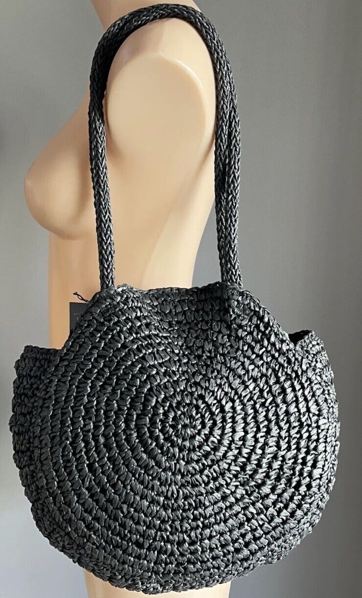 SERRA Round Beach Bag Black TOTE Paper Straw Woven Shoulder Bag NEW Summer