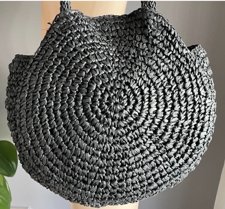 SERRA Round Beach Bag Black TOTE Paper Straw Woven Shoulder Bag NEW Summer