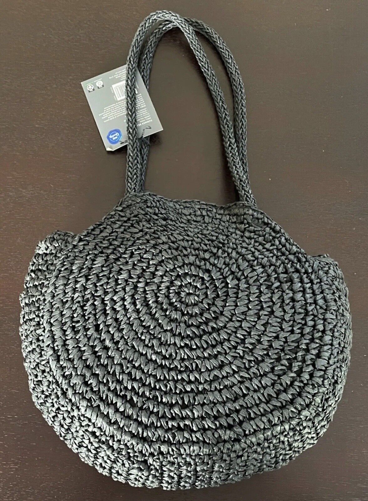 SERRA Round Beach Bag Black TOTE Paper Straw Woven Shoulder Bag NEW Summer