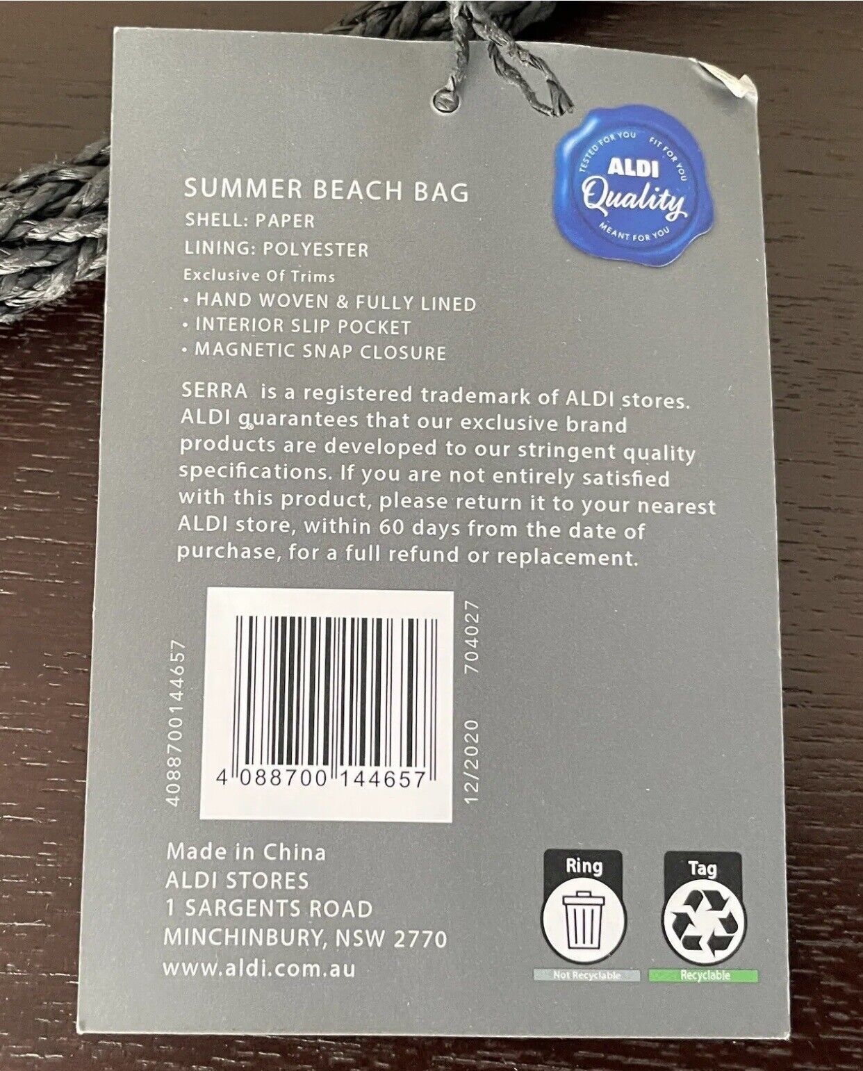 SERRA Round Beach Bag Black TOTE Paper Straw Woven Shoulder Bag NEW Summer
