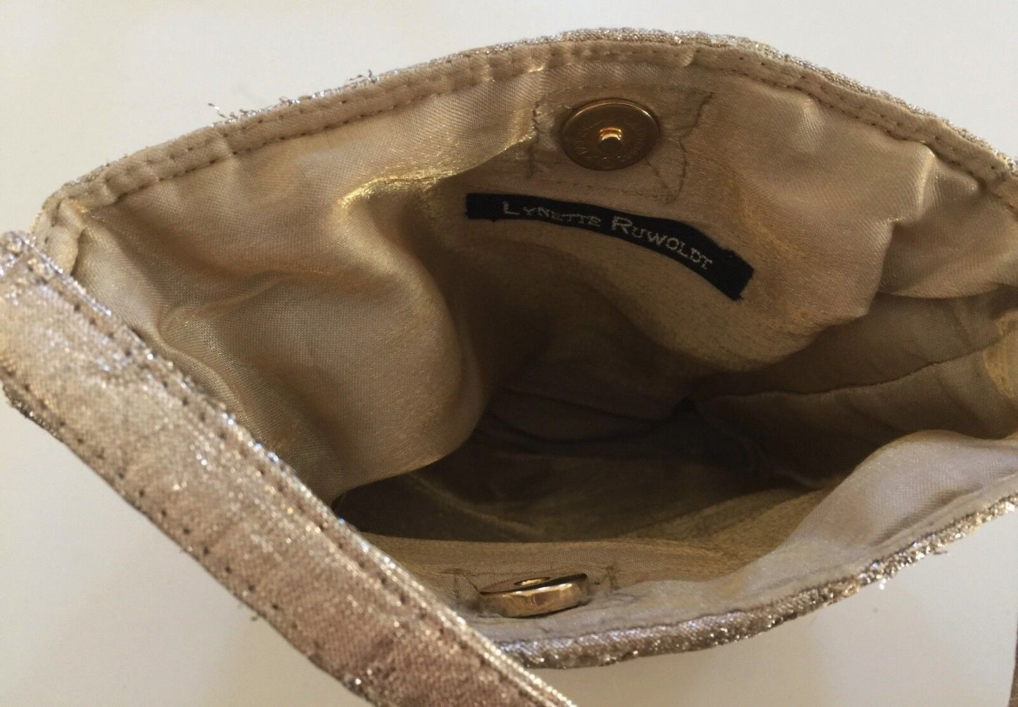 Evening Bag LYNETTE RUWOLDT Small Short Shoulder Strap Gold Lamé Handbag NEW