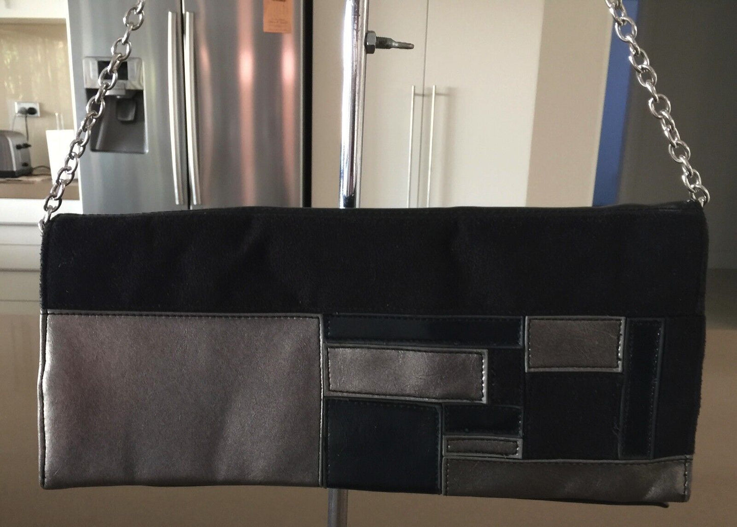 Shoulder Bag GIOVANNA Black & Silver Faux Suede Leather Envelope Clutch Vintage