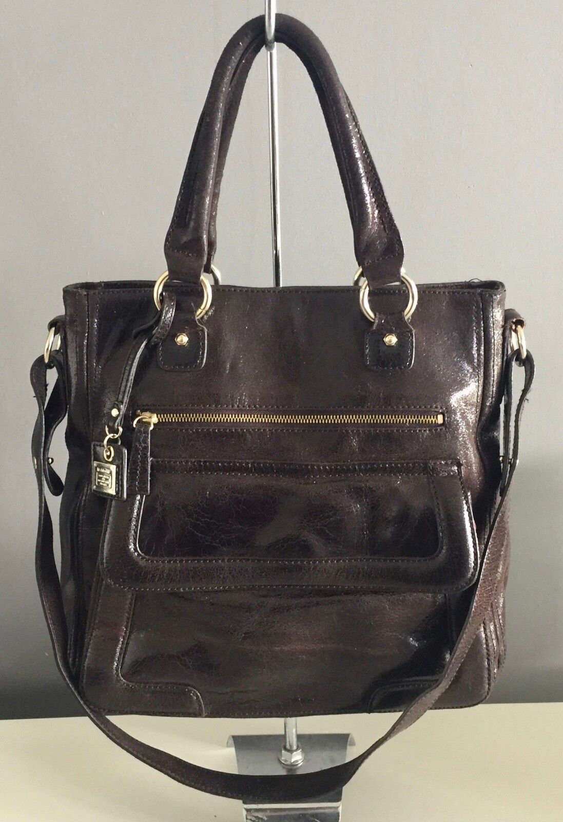 Shoulder Bag LIZ CLAIBORNE Bag Brown Patent Leather Large Tote Shopper  Strap