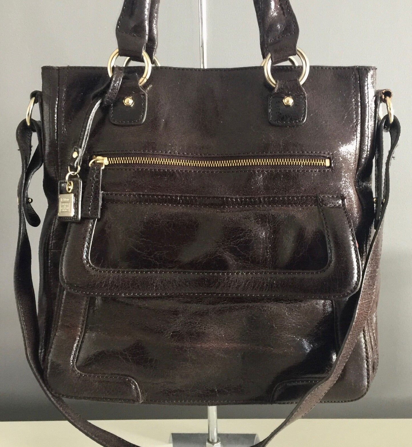 Shoulder Bag LIZ CLAIBORNE Bag Brown Patent Leather Large Tote Shopper  Strap