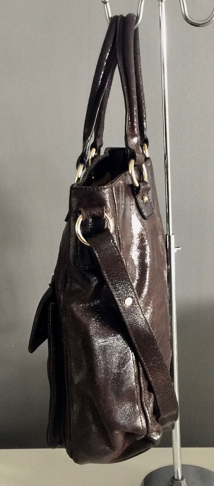 Shoulder Bag LIZ CLAIBORNE Bag Brown Patent Leather Large Tote Shopper  Strap