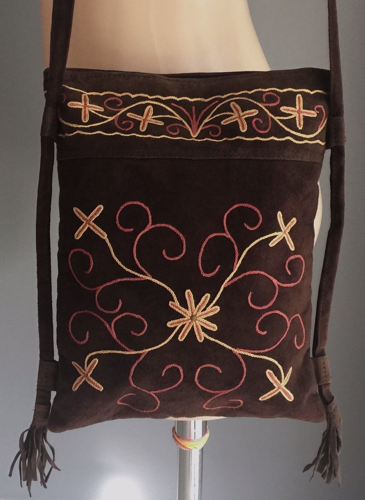BOHO Shoulder Bag Flat Pouch Brown Faux Suede Beige Pink Floral Embroidery NEW