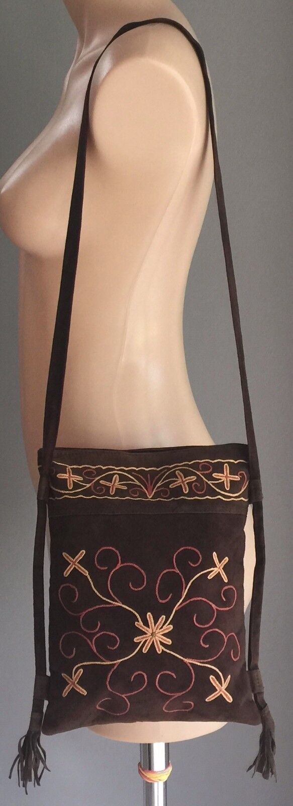 BOHO Shoulder Bag Flat Pouch Brown Faux Suede Beige Pink Floral Embroidery NEW