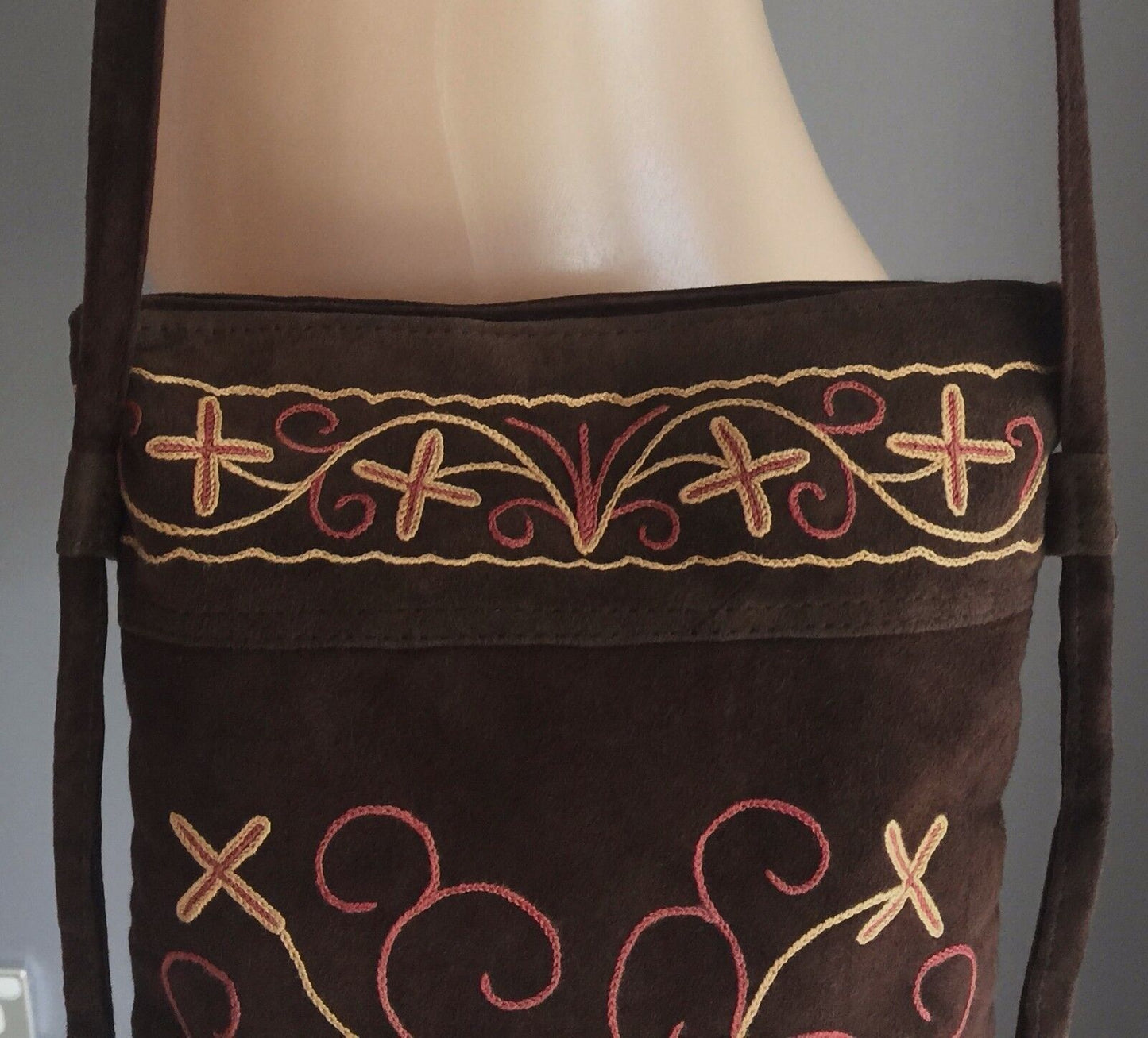 BOHO Shoulder Bag Flat Pouch Brown Faux Suede Beige Pink Floral Embroidery NEW