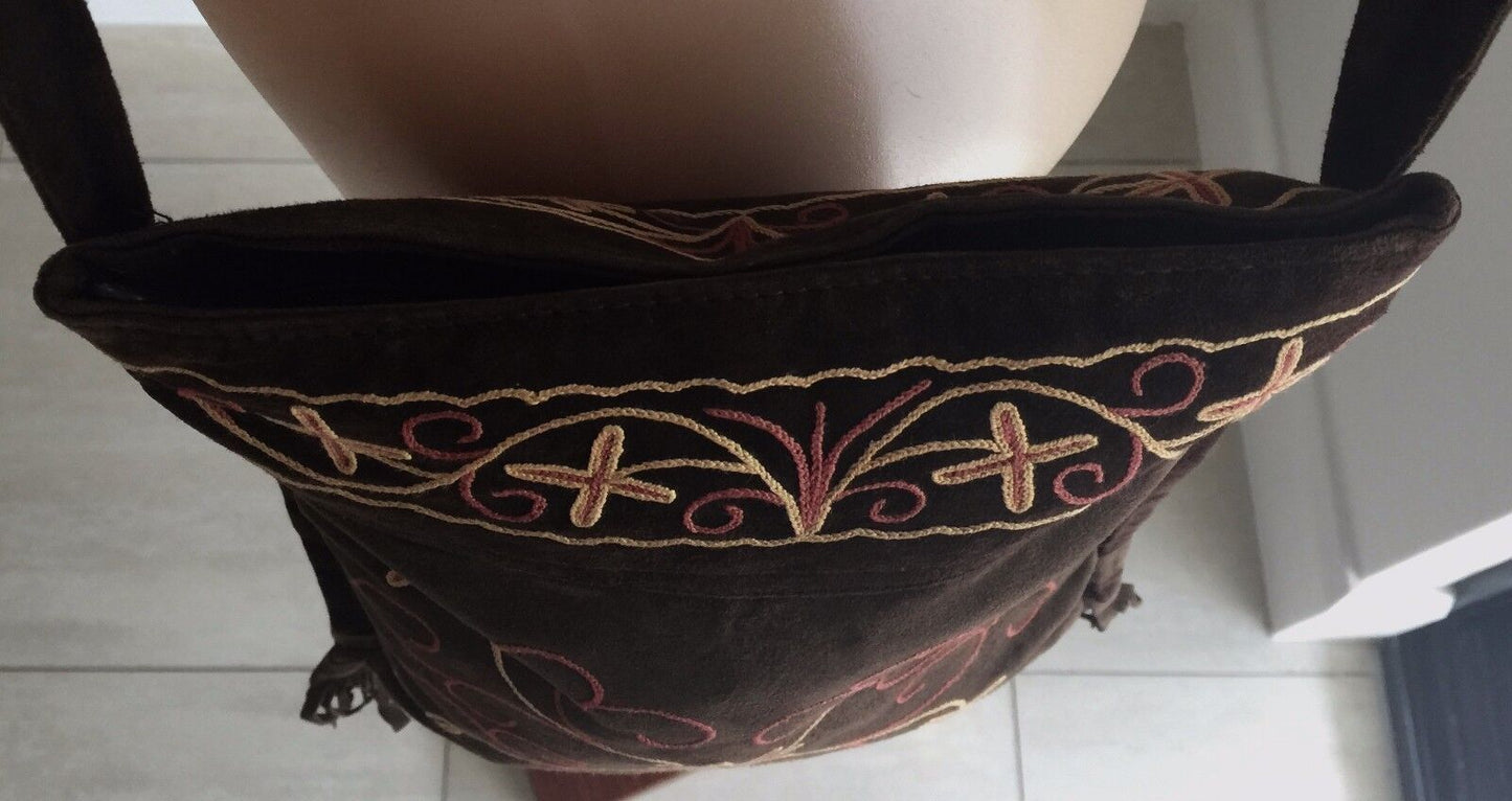 BOHO Shoulder Bag Flat Pouch Brown Faux Suede Beige Pink Floral Embroidery NEW