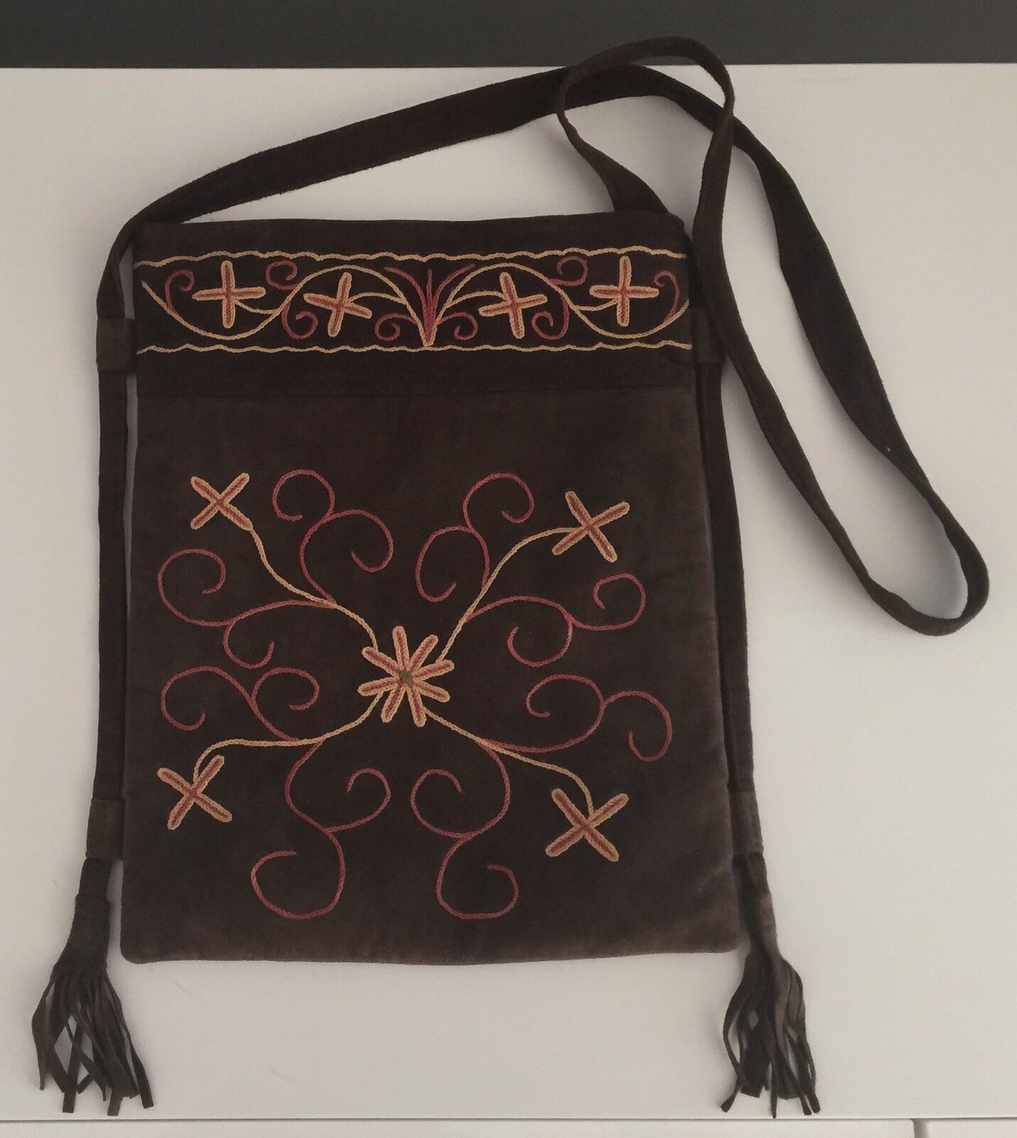 BOHO Shoulder Bag Flat Pouch Brown Faux Suede Beige Pink Floral Embroidery NEW