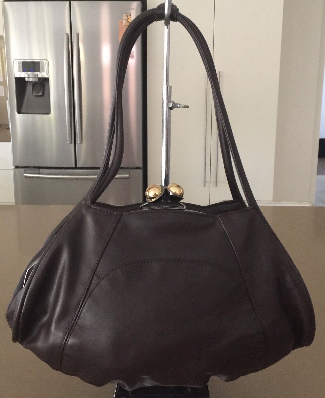Shoulder Bag Retro Brown Pleather Frame Clutch Bag w Brass Hardware Handbag