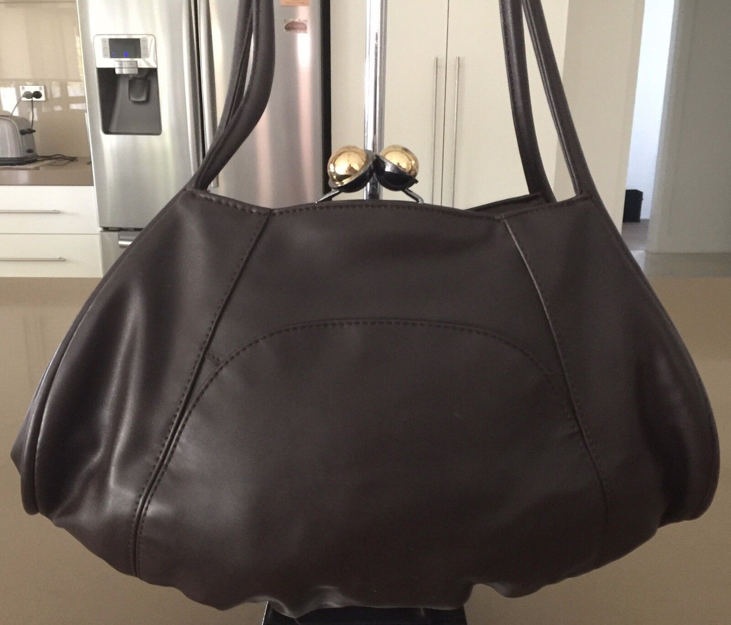 Shoulder Bag Retro Brown Pleather Frame Clutch Bag w Brass Hardware Handbag