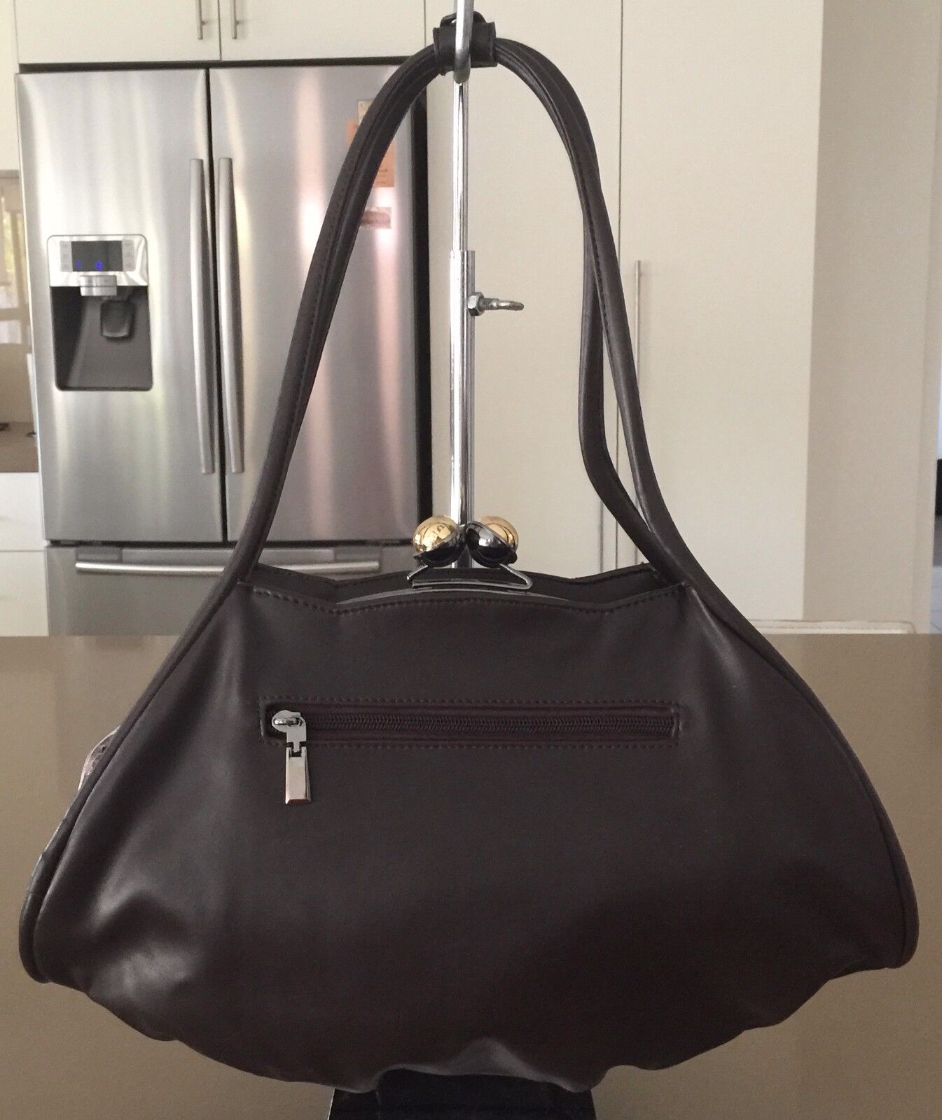 Shoulder Bag Retro Brown Pleather Frame Clutch Bag w Brass Hardware Handbag