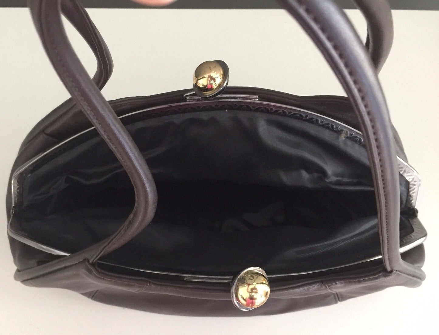 Shoulder Bag Retro Brown Pleather Frame Clutch Bag w Brass Hardware Handbag
