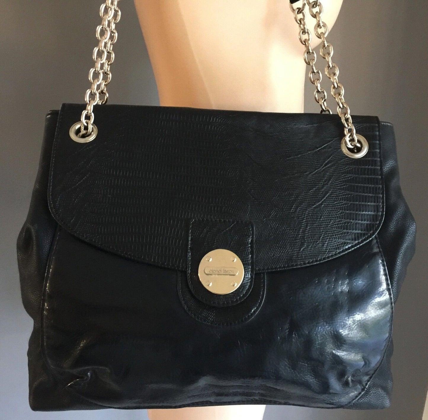 DIANA FERRARI Shoulder Bag Black Pleather Tote Shopper Handbag Stylish