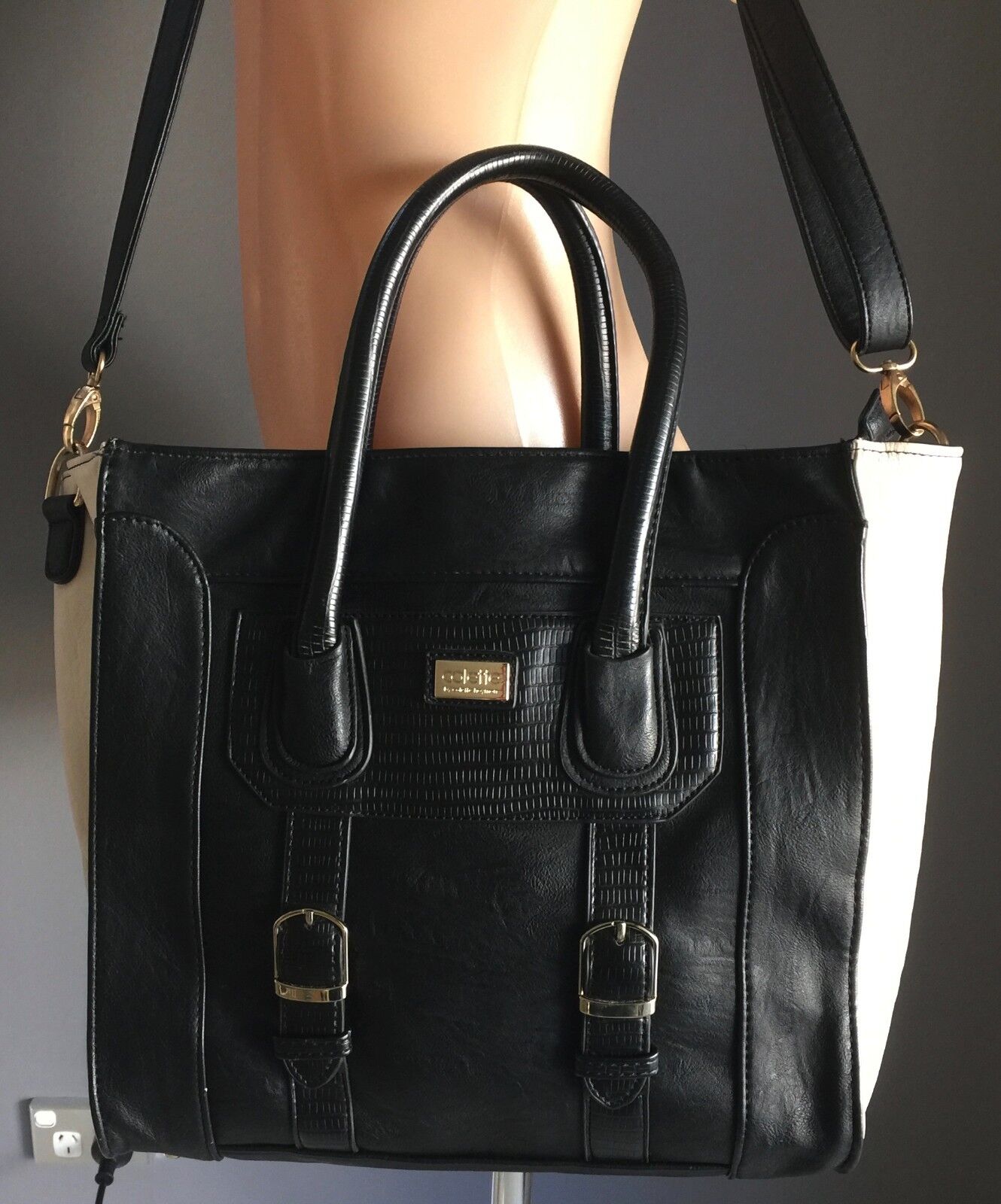 COLETTE Shoulder Bag Black & Ivory Pleather Tote Bag Strap Handbag Double Handle