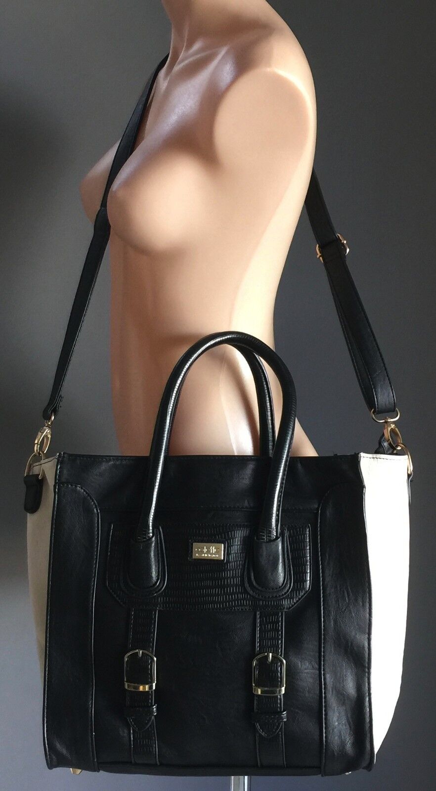 COLETTE Shoulder Bag Black & Ivory Pleather Tote Bag Strap Handbag Double Handle