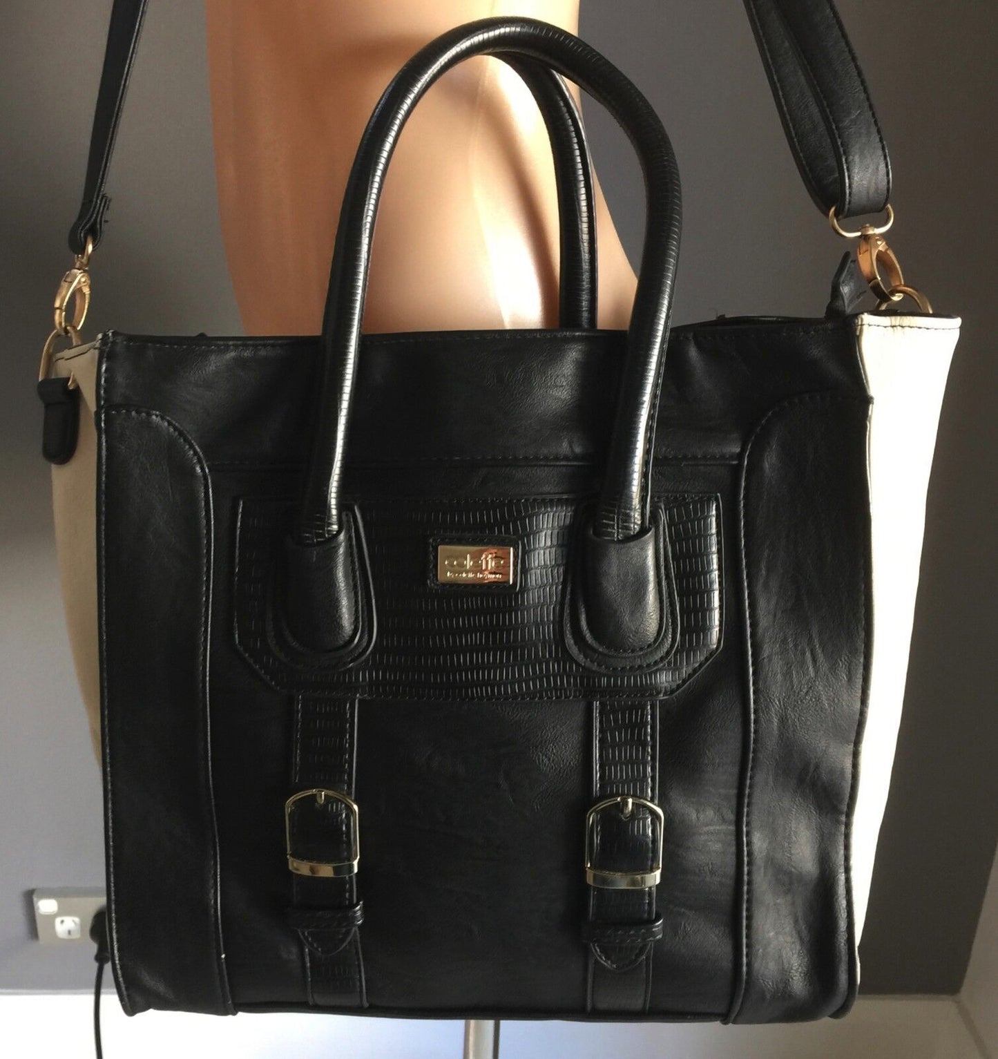 COLETTE Shoulder Bag Black & Ivory Pleather Tote Bag Strap Handbag Double Handle