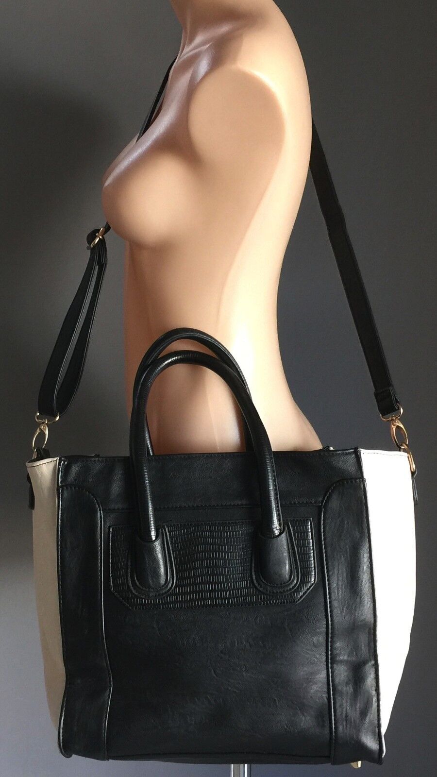 COLETTE Shoulder Bag Black & Ivory Pleather Tote Bag Strap Handbag Double Handle