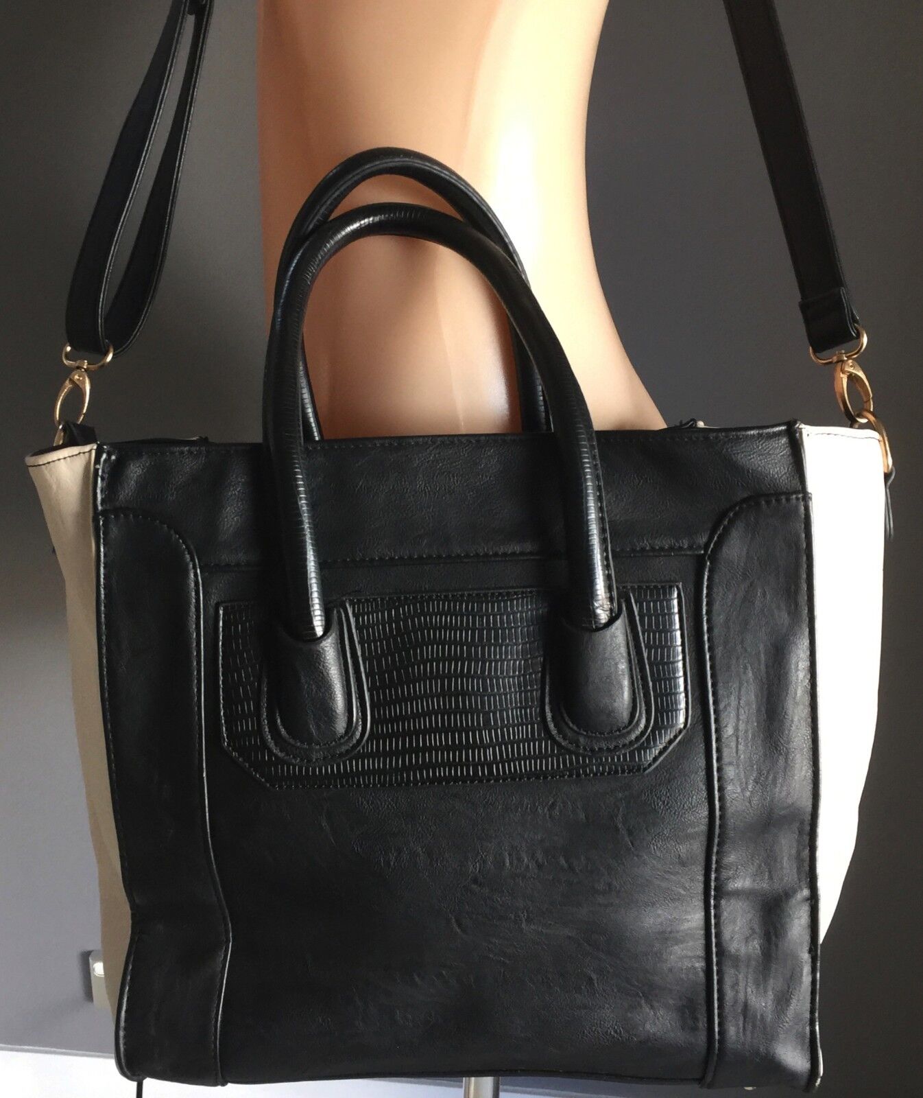 COLETTE Shoulder Bag Black & Ivory Pleather Tote Bag Strap Handbag Double Handle