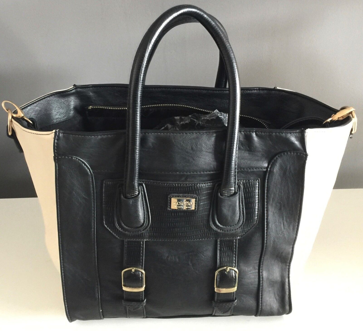 COLETTE Shoulder Bag Black & Ivory Pleather Tote Bag Strap Handbag Double Handle