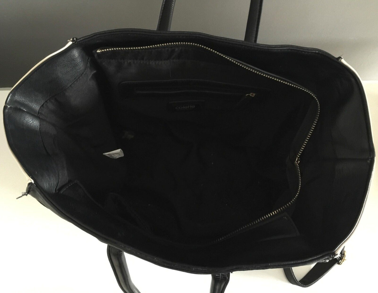 COLETTE Shoulder Bag Black & Ivory Pleather Tote Bag Strap Handbag Double Handle