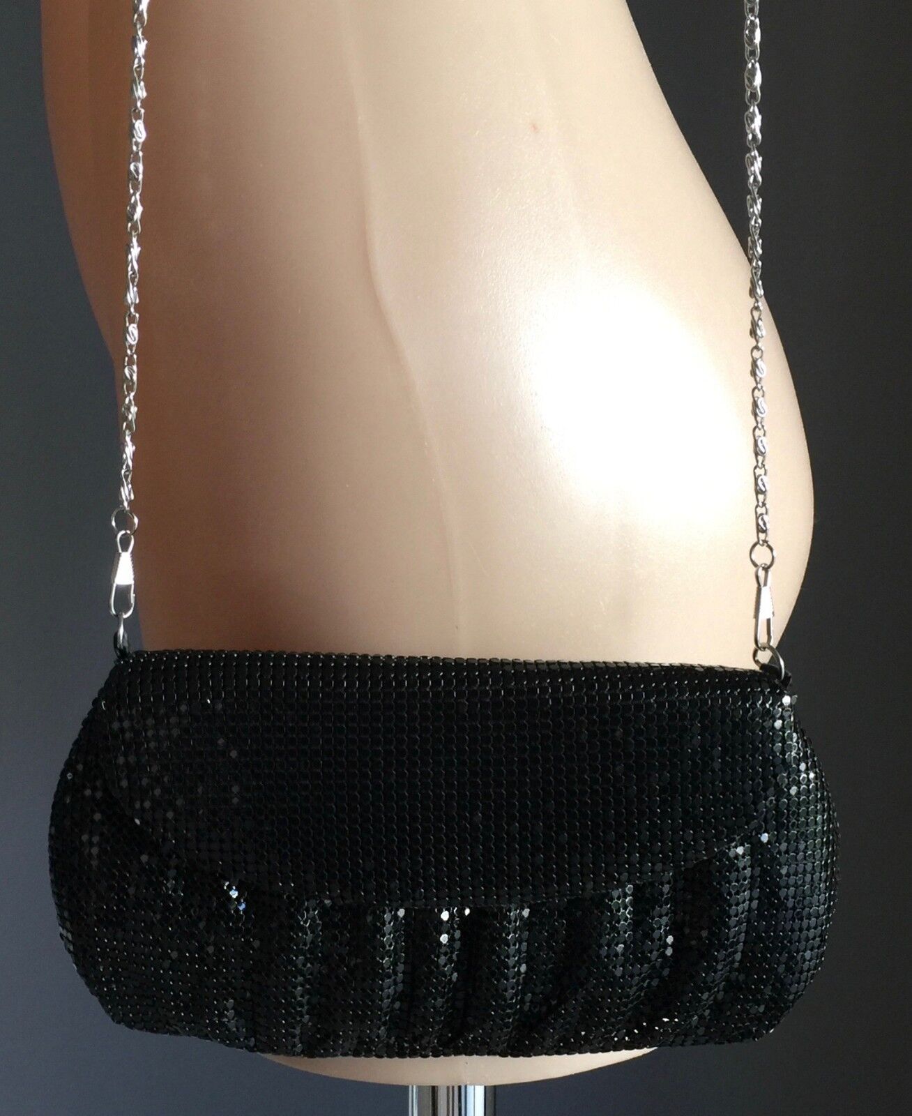 GREGORY LADNER Black Mesh Clutch Evening Bag w Chain Shoulder Strap Vintage