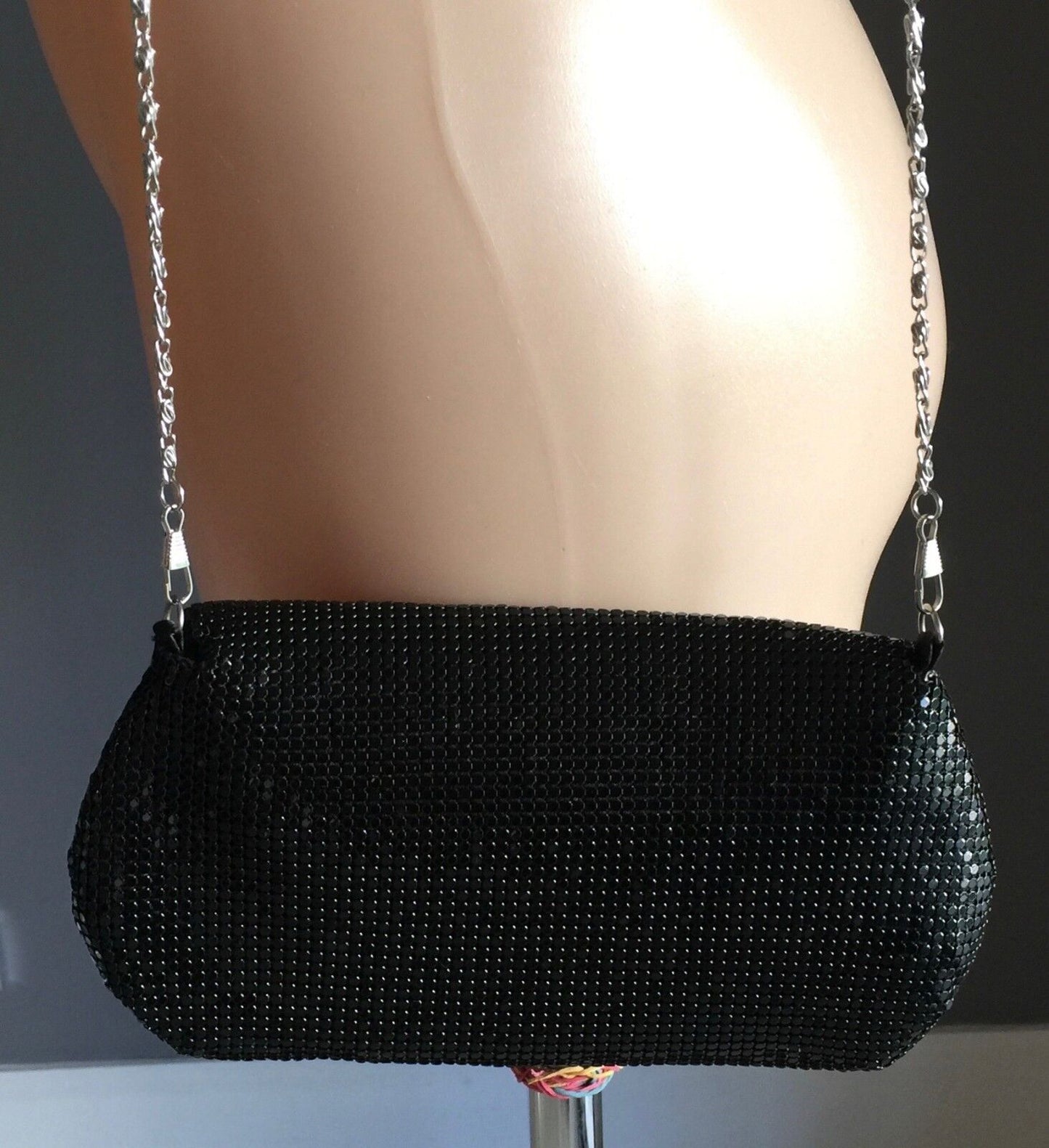 GREGORY LADNER Black Mesh Clutch Evening Bag w Chain Shoulder Strap Vintage