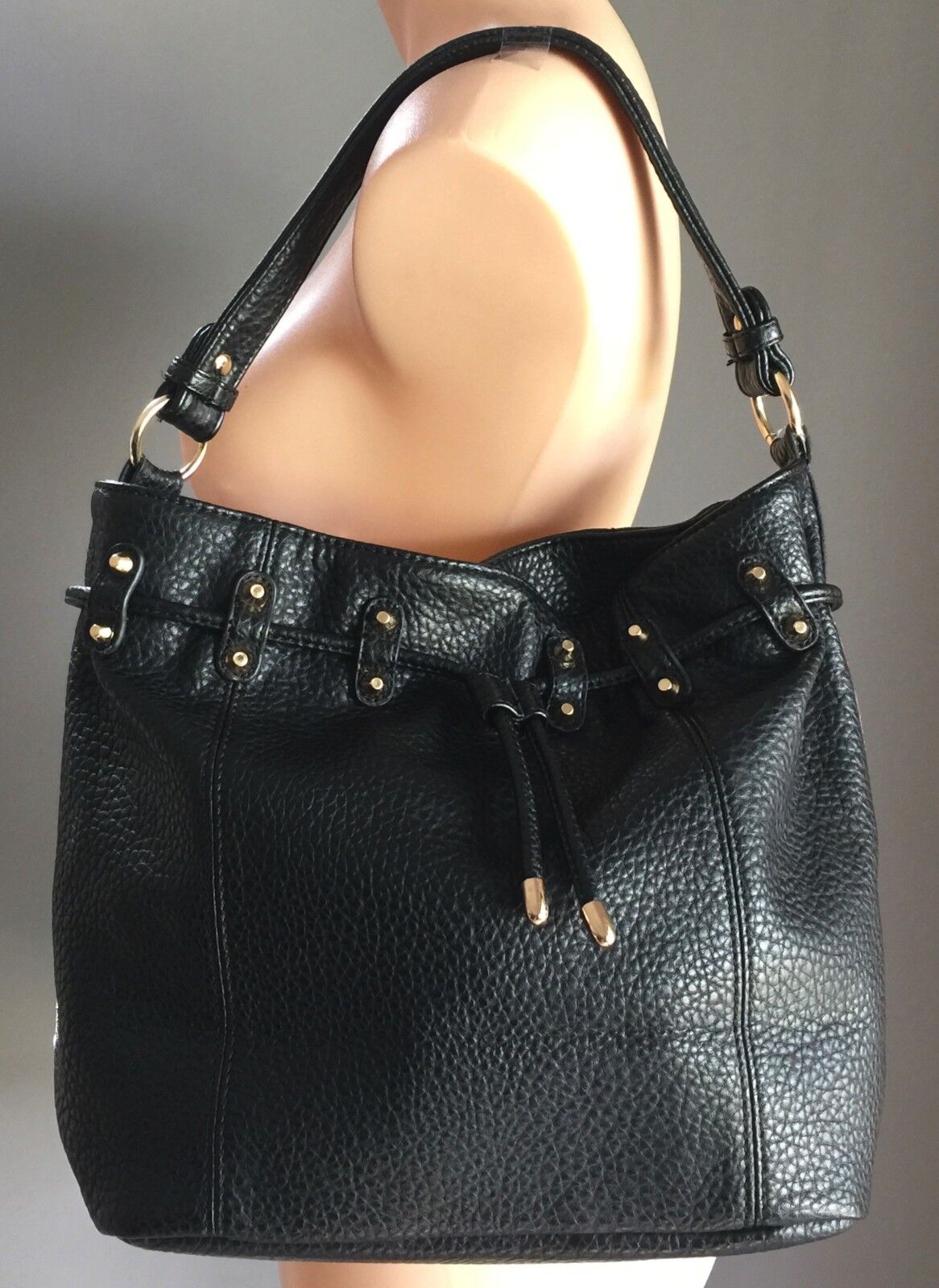COLETTE Shoulder Bag Black Pleather Pebble Look Drawstring Bucket Retro