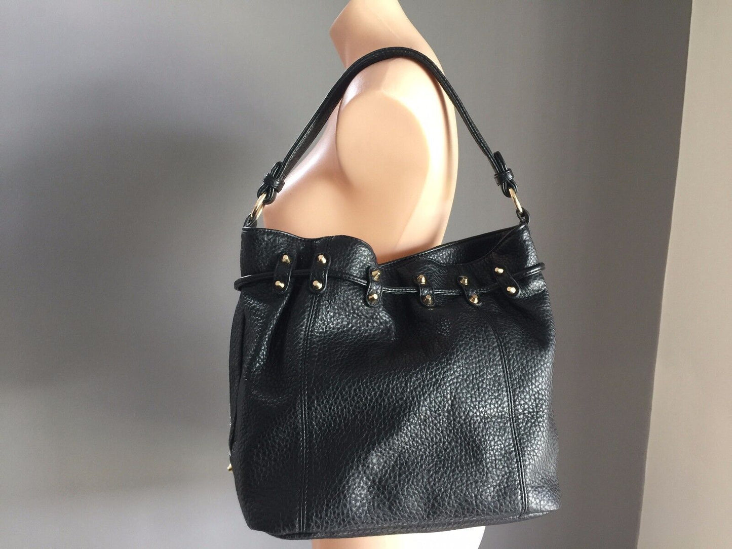 COLETTE Shoulder Bag Black Pleather Pebble Look Drawstring Bucket Retro