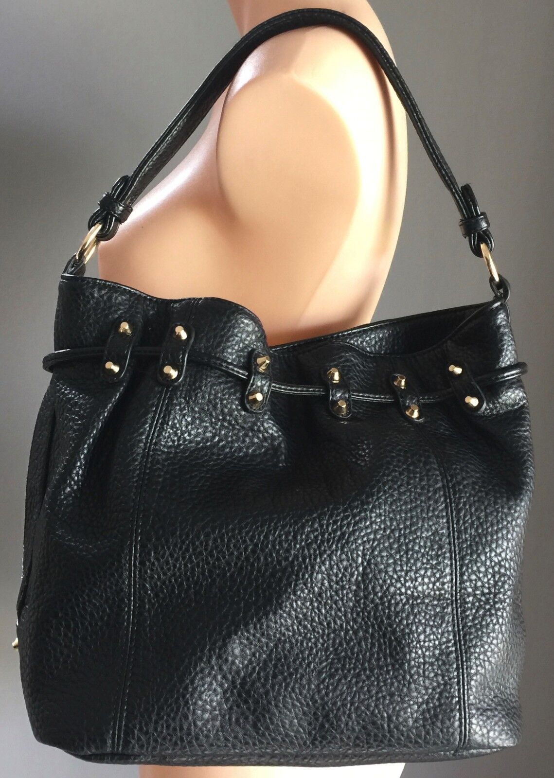 COLETTE Shoulder Bag Black Pleather Pebble Look Drawstring Bucket Retro