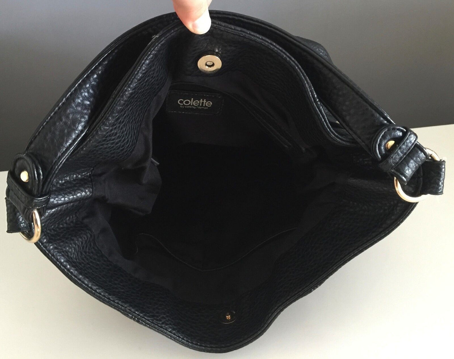 COLETTE Shoulder Bag Black Pleather Pebble Look Drawstring Bucket Retro