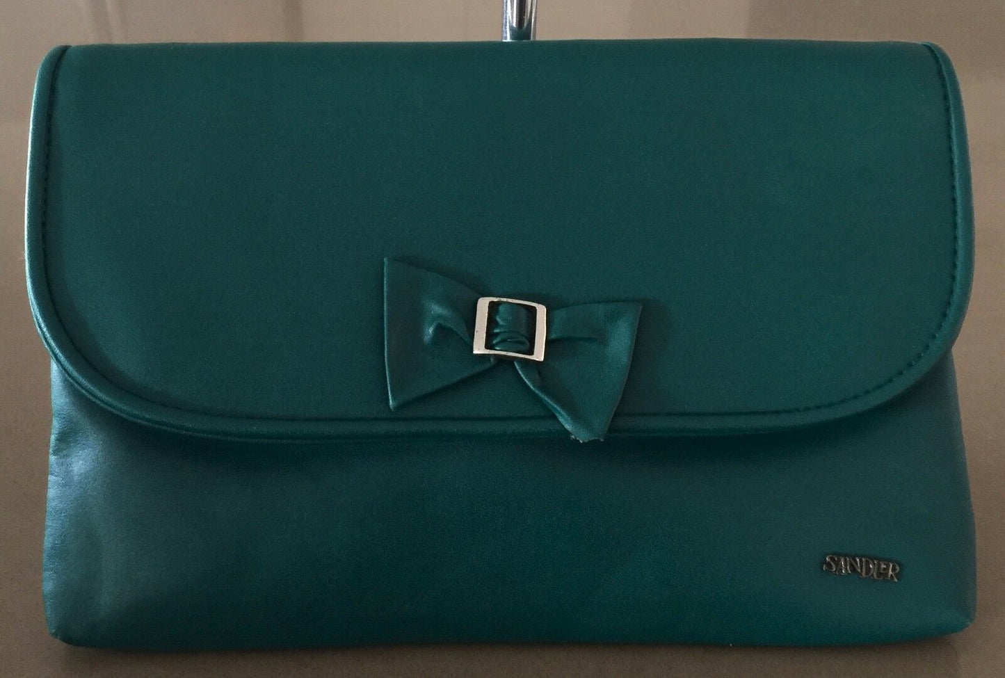 SANDLER Shoulder Bag Jade Green Handbag Pleather Envelope Clutch Bow Vintage